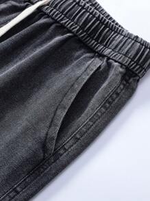 男士休闲水洗牛仔短裤，夏季抽绳松紧腰宽松百慕大短裤 - 黑色 - 查看 6