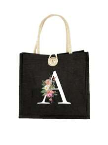 Letter Pattern Handbag Floral Print Linen Handbag Button Decorated Handbag Minimalist Large Capacity Handbag Portable Casual Storage Handbag - Black - View 19