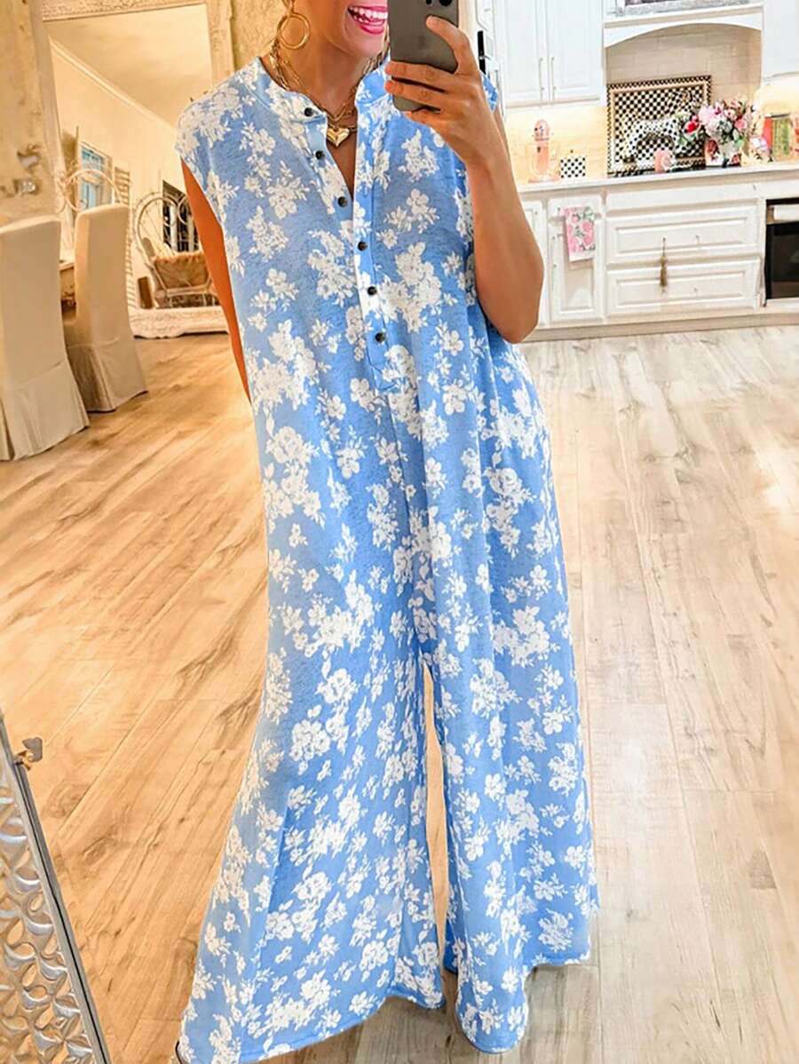 Acelitt Bộ jumpsuit dáng rộng không tay, cài nửa cúc, in họa tiết hoa lưu ly, kiểu dáng thanh lịch mùa hè. - Màu xanh lam - Xem 1