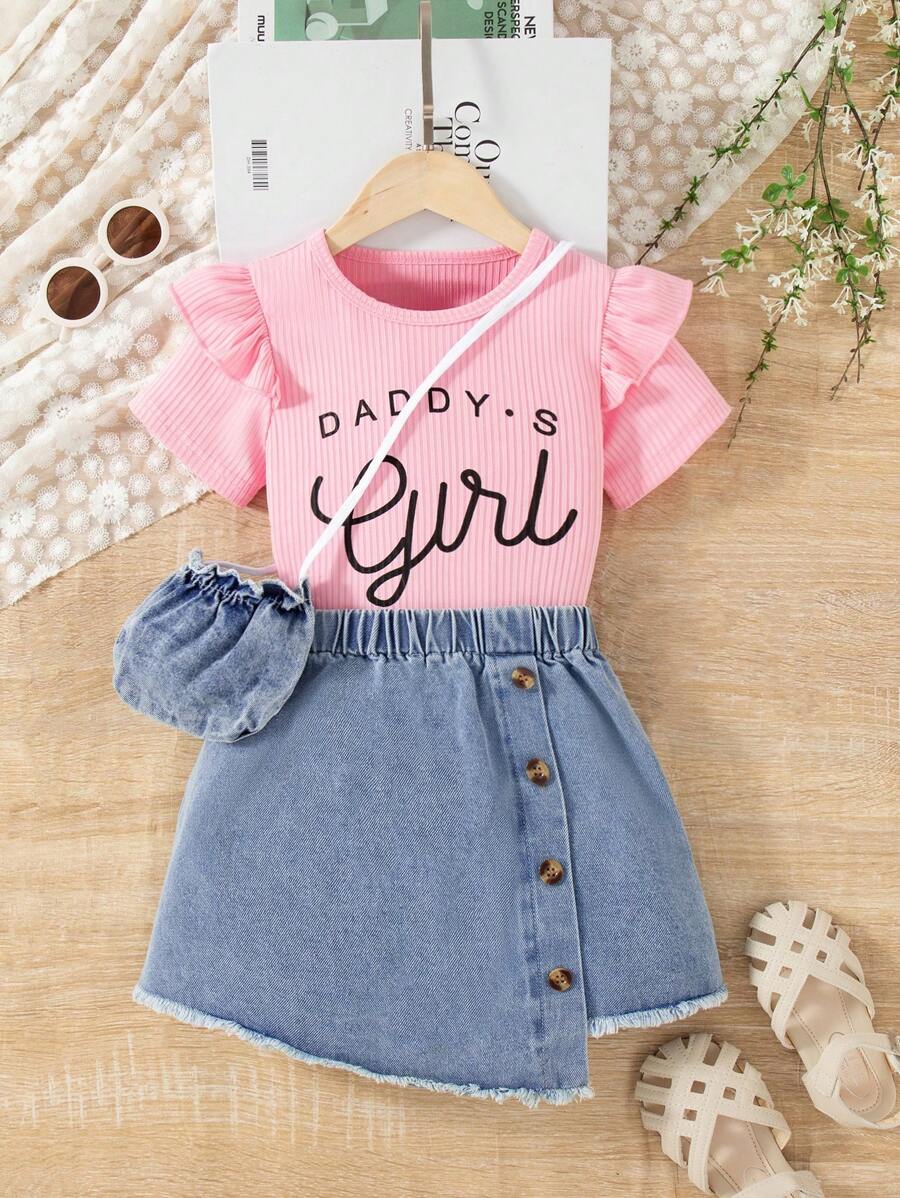 2 件女童荷叶边下摆字母印花上衣 + 不对称牛仔裙套装（含包）