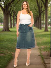 A-Line Denim SkirtPlainCasualDenimPocketButtonZipperCargo Pocket - Vintage - View 7