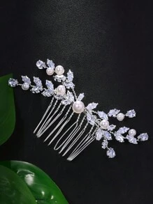 1pc Premium Crystal Zirconia Hair Comb, Elegant Pearl Headpiece For Brides, Wedding Dress Accessories