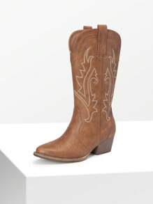 Women's Western Cowboy Boots Slip On Fashion Embroidery Pointed Toe Low Heel Chunky Outdoor Commuter Mid-Calf Black Boots - 棕色 - 查看 2