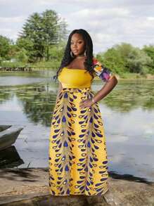 4 PCS African Printed Maxi Skirt For Women Outfit Traditional Printed Costume Set With Pockets Wooden Earrings - 印花裙 - 查看 5