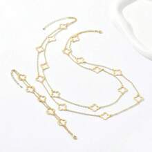 2pcs Hollow Four-Leaf Clover Pendant Long Necklace, Minimalist Versatile Sweater Chain & Bracelet Suitable For Women Everyday Wear