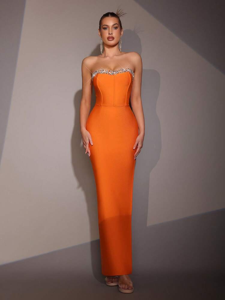 Modphy Rhinestone Strapless Split Thigh Wedding Bridesmaid Tube Dress, Holiday Party Bandage Dress, Wedding Guest Dress, Formal Dress, Evening Dress, Gown