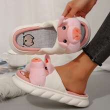 Women's Cozy Pig Slippers - Plush Animal Design With Linen Slides - Pink - View 10