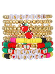 7 件/8 件/9 件/12 件套装教师节和毕业季英文字母和苹果吊坠多层弹性串珠手链，适合男女日常佩戴，也适合送给学生、老师 - 彩色 - 查看 5