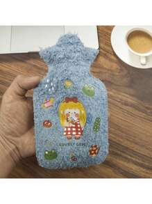 1pc Cartoon Print Water Injection Hot Water Bottle, 300ml, Flocked PVC Material