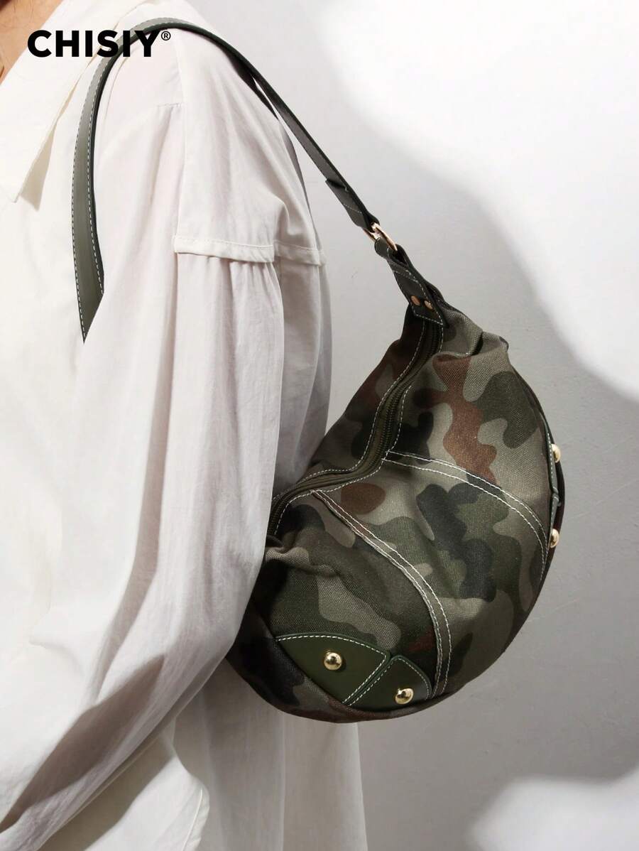 Handmade Katenzaro Camo Cherry Color Fabric Crescent Shoulder Bag, Minimalist Large Capacity Casual Work Tote Bag, Valentine's Gift Suitable For Office, College, Sport, Shopping, Travel, Autumn/Winter - 軍綠色 - 查看 1