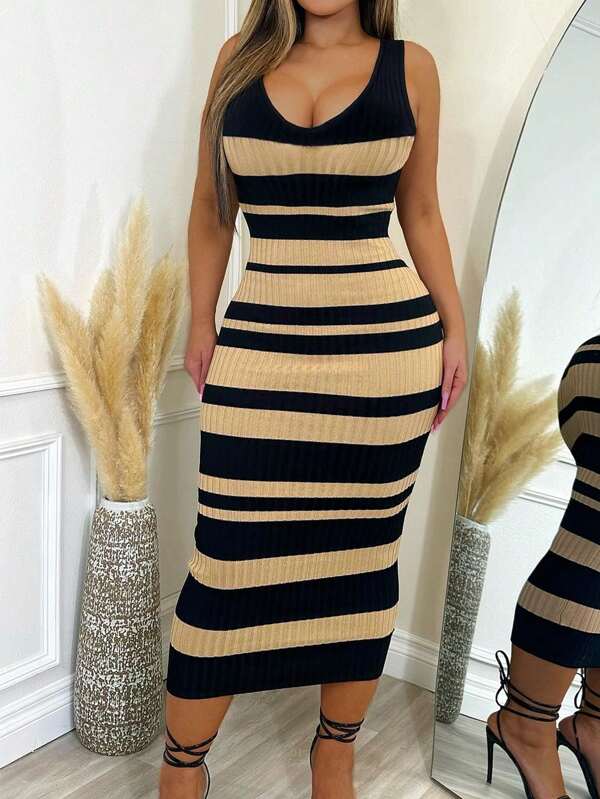 Robe débardeur en maille côtelée et imprimée fleurs pour femmes grande taille, Affinante pour l'été