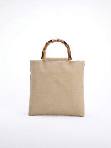 Elegant Women's Embroidered Sequin Contrast Mesh Bamboo Handle Tote Bag, Linen Handbag For Party/Vacation (Floral Pattern Random) - Multicolor - View 7