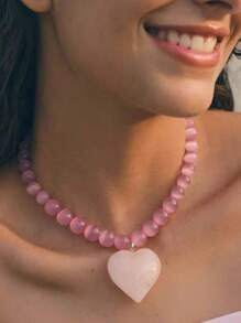1pc Pink Agate & Rose Quartz Heart Stone Pendant Necklace, Chic Cateye Beaded Necklace Sets For Women - Pink Cat's Eye + Pink Gold Heart - View 12