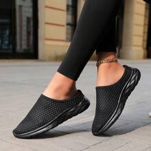 Women's Summer Casual Sneakers, Breathable Mesh Sports Shoes, Mule Slip-On Backless Flats, Lightweight & Comfortable Loafers, Grey - Black - View 5