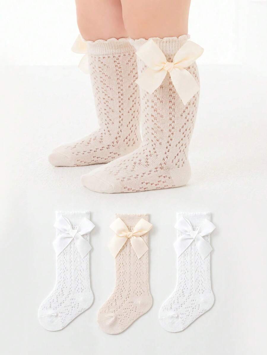 3 Paia di calzini al polpaccio per bambini con fiocco, anti-zanzare, calzini eleganti per ragazze, versatili, texture a rete traspirante e sottile per l'estate, calzini alla caviglia con pizzo per neonati e bambini