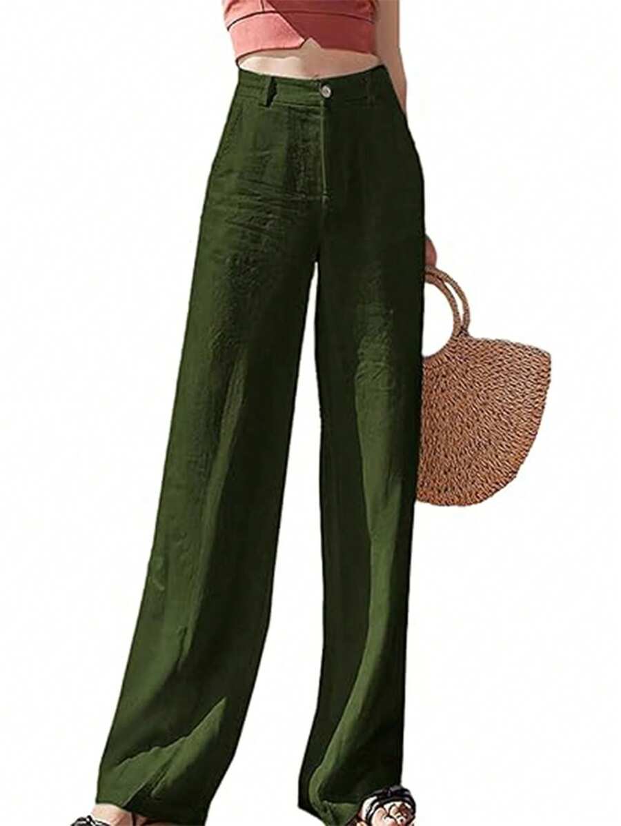 Womens  Spring Summer High Waisted Wide Leg Pants Casual Button Up Straight Leg Pants - 軍綠色 - 查看 1