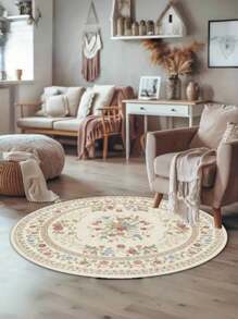 1pc Vintage Floral Round Rug, Bohemian Style Decorative Rug, Durable & Lightweight Polyester Fiber Carpet For Living Room Sofa Bedroom Home Decor, Holiday Decorative Rug