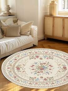 1pc Vintage Floral Round Rug, Bohemian Style Decorative Rug, Durable & Lightweight Polyester Fiber Carpet For Living Room Sofa Bedroom Home Decor, Holiday Decorative Rug