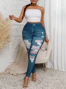 Plus Size Skinny Jeggings With Torn & Hollow Print, Street Fashion High Stretch Casual Long Pants For Women