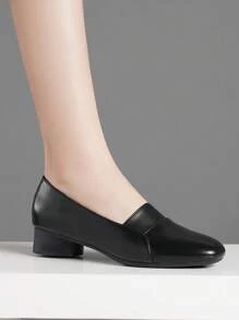 Women's Round-Toe High Heels, Chunky Heel Fashion Soft Bottom Work Shoes, Slip-On, Black, Suitable For All Seasons - Black - View 3