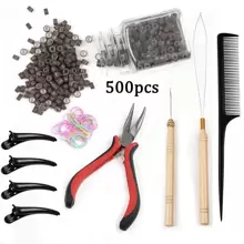 Hair Extensions Kit 500 Pcs Black Micro Ring Beads 1 Hair Extension Plier 2 Hook Needle Pulling Loop 4 Plastic Alligator Hair Clips 1 Comb And 1 Bags Mini Rubber Hair Elastic
