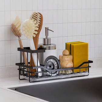1pc Sponge Holder For Kitchen Sink, Sink Caddy Sink Organizer With Detachable Brush Holder & Drain Tray, Multifunctional Rustproof Dish Soap Sponge Caddy For Kitchen Sink Counter