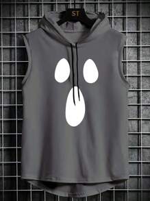 Cara de dibujos animados Patrón Hombres Chaleco Sin Capucha Suelto Casual Camisetas sin mangas para hombre - Gris Oscuro - Ver 1