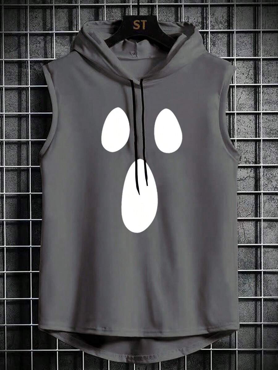 Cara de dibujos animados Patrón Hombres Chaleco Sin Capucha Suelto Casual Camisetas sin mangas para hombre - Gris Oscuro - Ver 1