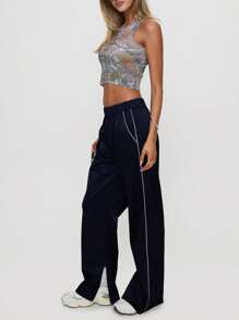 Womens Casual High Waist Straight Leg Pants 2025 Business Work Beach Vacation Outfits Lightweight Summer Pants Baggy Palazzo Pants - Navy Blue - View 2