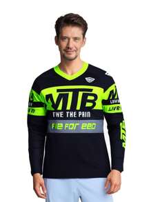 TELEYI Men's Letters Print Cycling Jersey, Active Breathable Moisture Wicking Long Sleeve V Neck Shirt For Biking Riding Sports - Multicolor - View 1