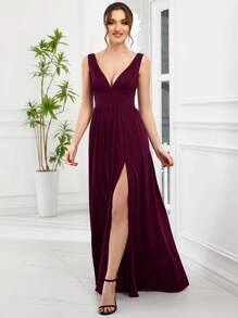Spring V-Neck Slit Burgundy Bridesmaid Dress, Wedding Guest Dress, Elegant Women's Dress, Wedding Christmas Party Dress - Wine Red - View 5