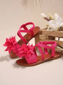 1 Pair Girls Sandals, New Floral Princess Shoes, Elastic Band Design, Soft Sole, Summer Casual Girls Beach Slippers - Pink - View 2