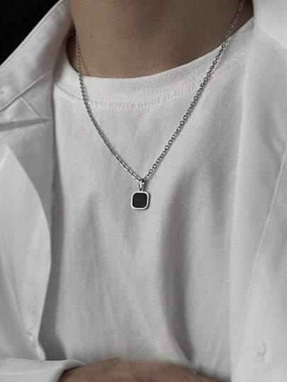 1 pieza Collar colgante de acero inoxidable con gota de aceite de estilo elegante y sencillo en negro, adecuado para atuendos diarios, regalo para vacaciones