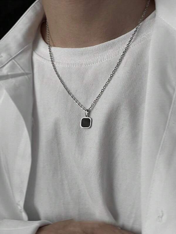 1pc Stylish Simple Black Oil Drop Stainless Steel Pendant Necklace For Men, Suitable For Daily Outfit, Holiday Gift