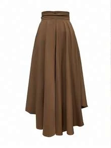 Women High Waist Solid Color A-Line Split Hem Skirt Spring - Coffee Brown - View 3