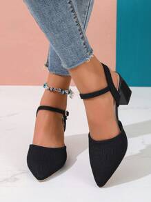 Women's Fashion Sexy Pointed Toe Thick Heel Sandals With Ankle Strap, Closed Toe Slip On Pumps Shoes, Spring/Summer