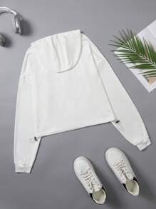 Women's Drawstring Hem Hooded Short Jacket, Casual Sporty Zip-Up For Running, Fitness, Yoga