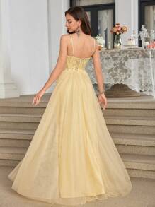 Robe de soirée, robe de fête, robe de cocktail pour invité de mariage, en tissu de maille avec broderie de perles de luxe, élégante, à fentes hautes, sans bretelles pour femmes UNITHORSE - Jaune citron - Voir 3