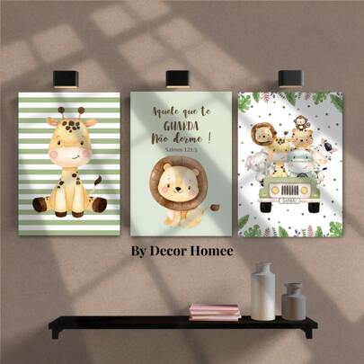 Kit 3 Quadros Safari verde, turma do safari, aquele que te guarda não dorme, decoração infantil, enxoval, MDF 20x28
