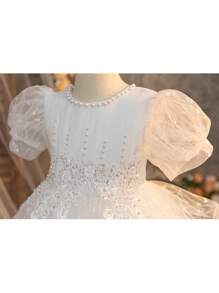 Tween Girls High-End White Puff Sleeve Pearl 3D Embroidery Flower Girl Wedding Dress, Colorful Butterfly Tulle Prom Birthday Party Princess Costume - White - View 4