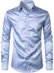 男士花卉提花长袖纽扣衬衫，秋季 - 淺藍色 - 查看 2