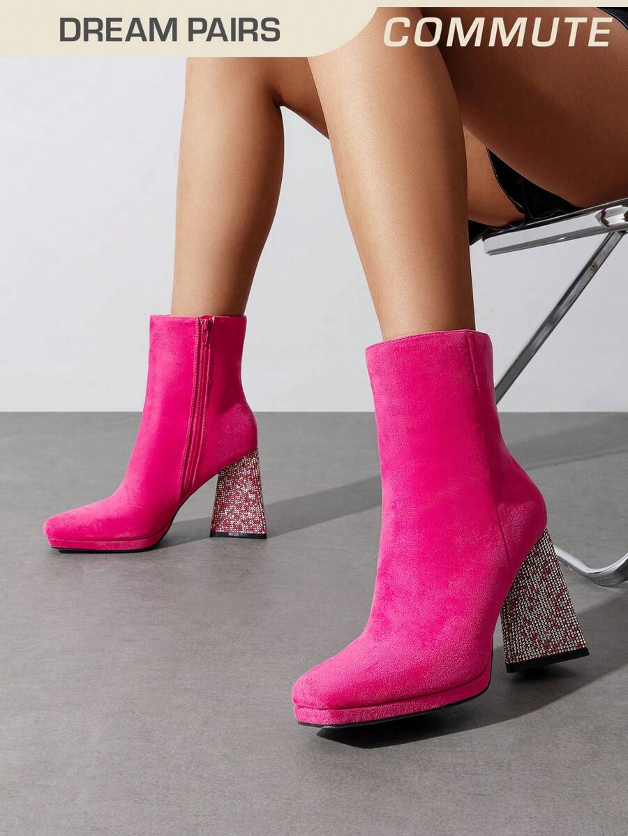 Dream Pairs Botines de mujer con tacón grueso con strass, punta cuadrada, cremallera lateral, adecuados para el día a día y transporte - Rosa - Ver 1