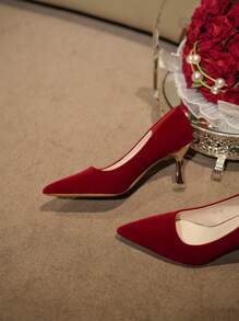 尖头设计惊艳的勃艮第婚鞋，精致高跟优雅新娘鞋，女士婚纱高跟鞋 - 酒紅色 - 查看 3