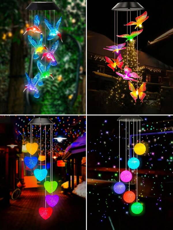 4 Solar Powered Hummingbird/Butterfly/Heart-Shaped/Round Wind Chime Lights, Colorful 6LED Hanging Lights, Romantic Purple Yellow Butterfly, Blue Hummingbird Design, Suitable For Courtyard Decoration, Balcony, Outdoor Garden Decoration, Parties, Holiday Atmosphere, (Solar Powered)