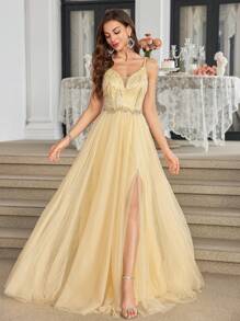 Robe de soirée, robe de fête, robe de cocktail pour invité de mariage, en tissu de maille avec broderie de perles de luxe, élégante, à fentes hautes, sans bretelles pour femmes UNITHORSE - Jaune citron - Voir 4