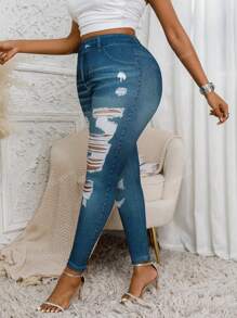 Plus Size Skinny Jeggings With Torn & Hollow Print, Street Fashion High Stretch Casual Long Pants For Women