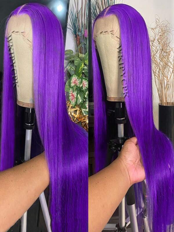 Peluca recta larga de 26 pulgadas con frente de encaje morado de 13"X4" elegante, peluca de frente de encaje sintético con línea del cabello previamente desvainada, cabello de fibra resistente al calor, peluca recta sedosa para mujeres, cosplay, fiestas, uso diario