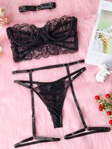 角色扮演女式性感内衣套装聚拢吊袜带带钢托胸罩花朵蕾丝 3 件套 - 黑色 - 查看 1