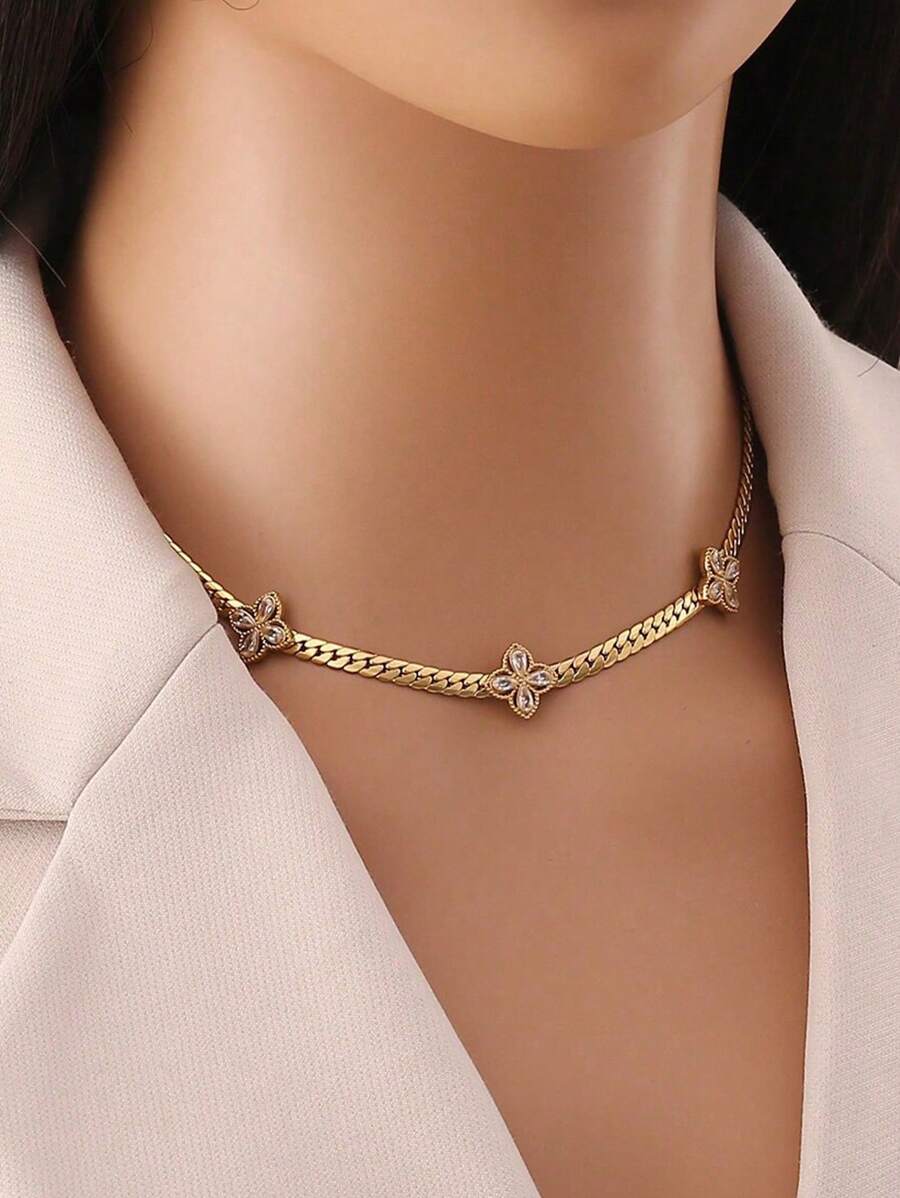 1 chiếc vòng cổ hoa bằng thép không gỉ Zirconia, phù hợp để phụ nữ đeo hàng ngày - Vàng - Xem 1