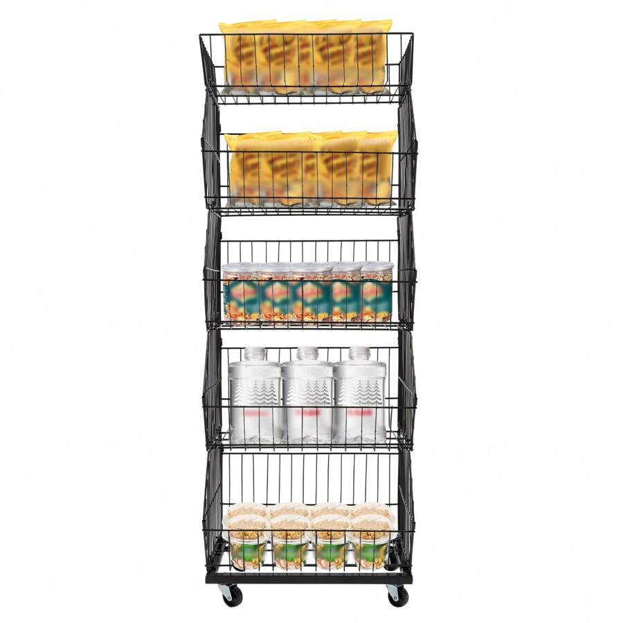 SENDERPICK 5-Layer Retail Display Rack Market Shelf Modern Fruit Vegetable Snack Basket With Wheel - Black - View 1
